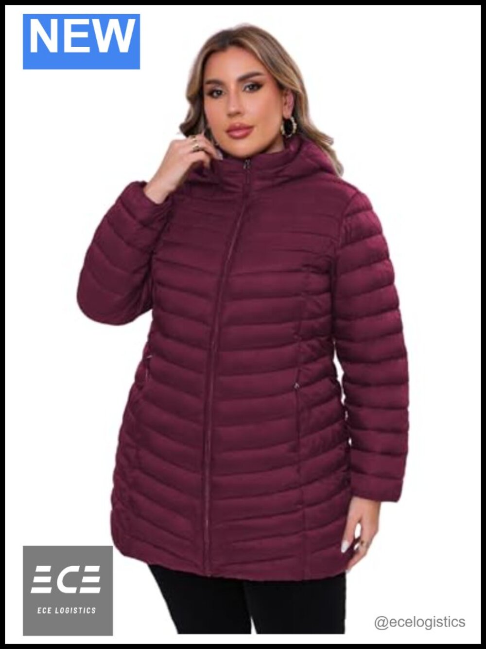 Plus Size Packable Hooded Puffer Jacket Thigh Length Quilted Winter Coat